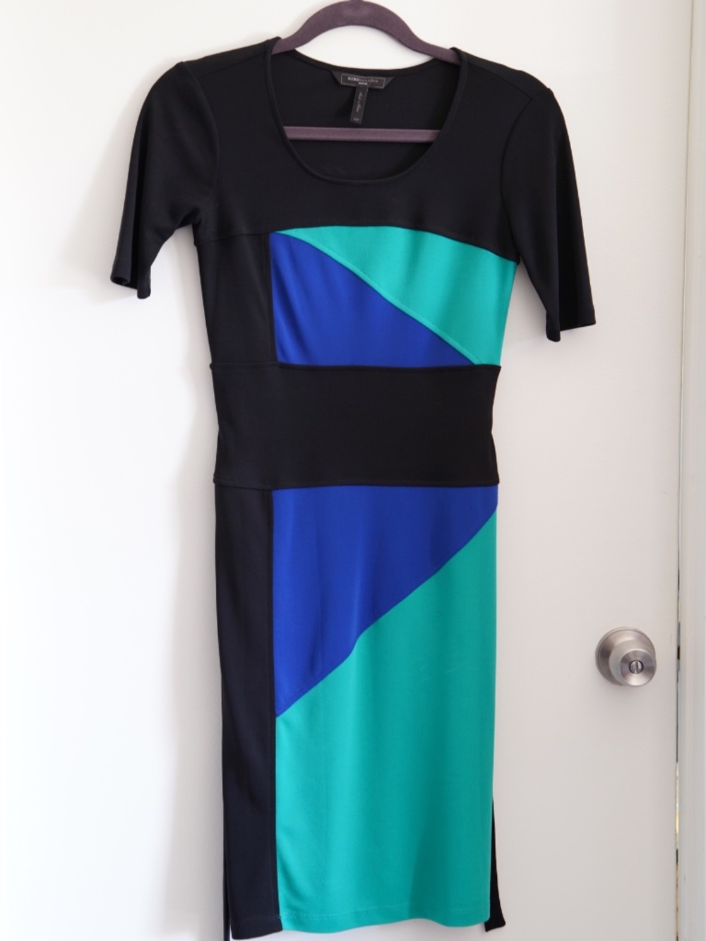 BCBGMaxAzria Petite Dress Colorblock Short Sleeve Stretch Black Green Blue XSP